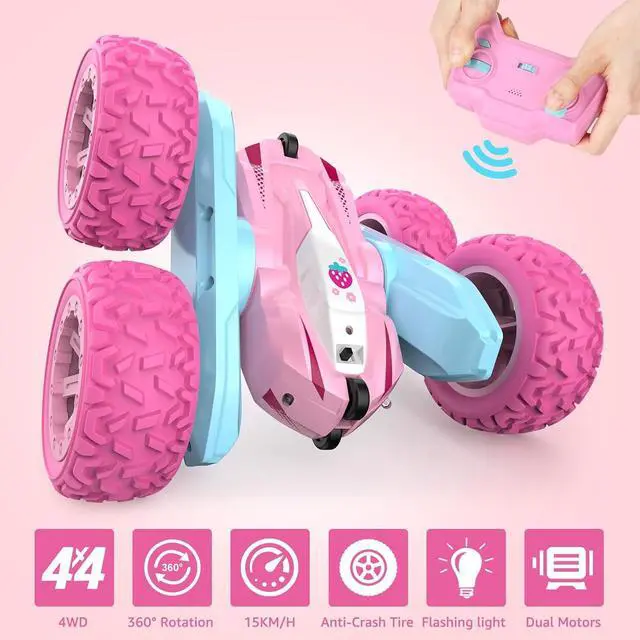 Alt view image 3 of 7 - Remote Control Car, Pink RC Cars for Girls, Rechargeable RC Truck, 2.4Ghz Double Sided 360° Rotating Stunt Car Toy with Headlights, Birthday Gift for Kids Age 3+