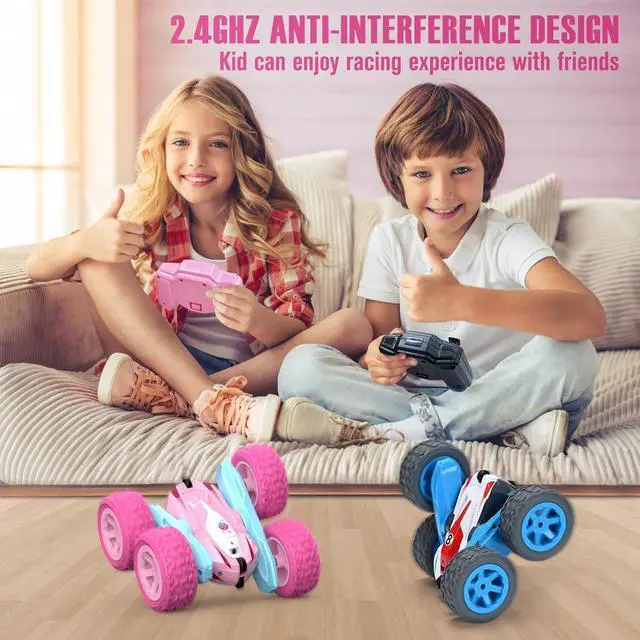 Alt view image 4 of 7 - Remote Control Car, Pink RC Cars for Girls, Rechargeable RC Truck, 2.4Ghz Double Sided 360° Rotating Stunt Car Toy with Headlights, Birthday Gift for Kids Age 3+
