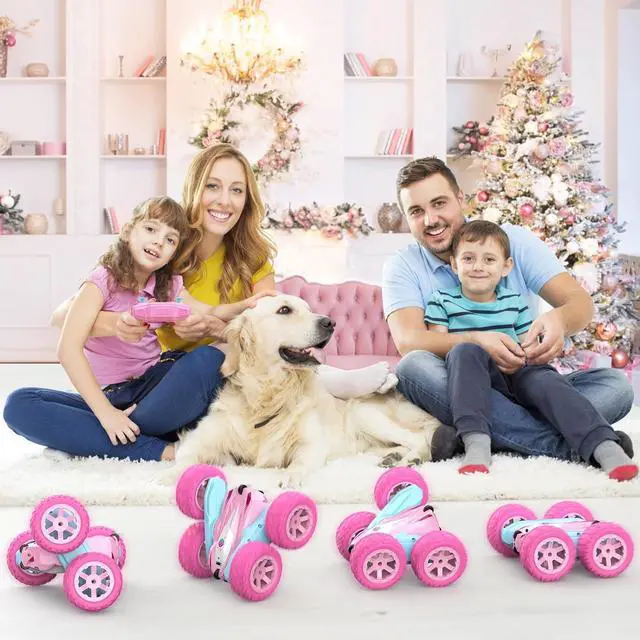 Alt view image 6 of 7 - Remote Control Car, Pink RC Cars for Girls, Rechargeable RC Truck, 2.4Ghz Double Sided 360° Rotating Stunt Car Toy with Headlights, Birthday Gift for Kids Age 3+