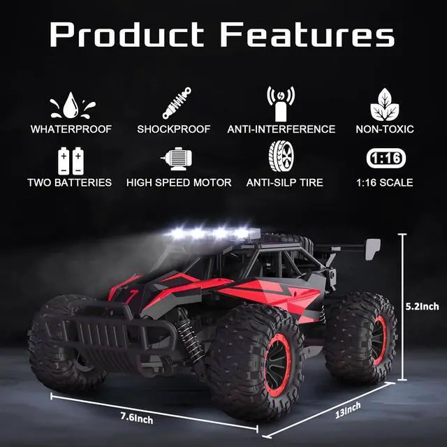 Alt view image 2 of 6 - 1:16 Scale Remote Control Car, 20 Km/h High Speed Remote Control Truck Off Road RC Monster Vehicle with LED Headlights and Chassis Lights, Electric Toy for Boys Kids and Adults