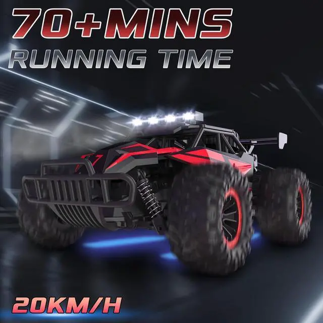 Alt view image 3 of 6 - 1:16 Scale Remote Control Car, 20 Km/h High Speed Remote Control Truck Off Road RC Monster Vehicle with LED Headlights and Chassis Lights, Electric Toy for Boys Kids and Adults