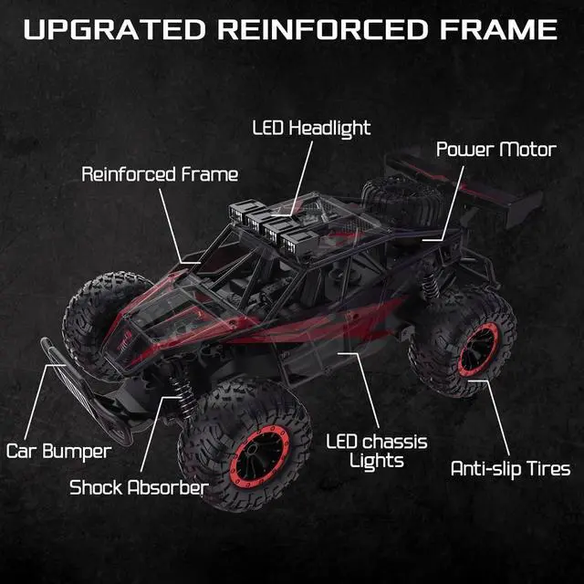 Alt view image 4 of 6 - 1:16 Scale Remote Control Car, 20 Km/h High Speed Remote Control Truck Off Road RC Monster Vehicle with LED Headlights and Chassis Lights, Electric Toy for Boys Kids and Adults