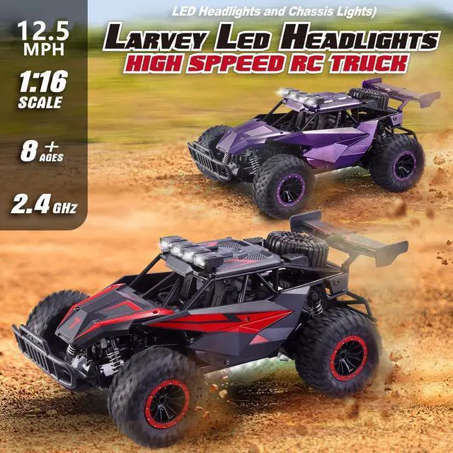 Alt view image 6 of 6 - 1:16 Scale Remote Control Car, 20 Km/h High Speed Remote Control Truck Off Road RC Monster Vehicle with LED Headlights and Chassis Lights, Electric Toy for Boys Kids and Adults