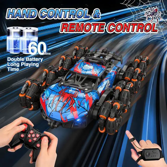 Alt view image 3 of 7 - Sunrad 8WD Gesture Sensing RC Stunt Car with Spray & Light & Music for Kids Age 6-8-13, Spider Hand Remote Control Car 2.4Ghz Double-Sided Climbing Drift RC Car Toys Birthday Gift for Boys