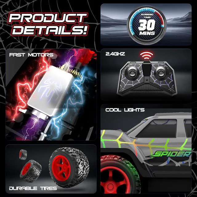 Alt view image 4 of 7 - Spider Remote Control Car for Boys, Mini RC Racing Cars for Kids Ages 3 and up, 2.4Ghz Beginners RC Cars with Cool Light, Rechargeable Toy for Boys Ages 3 4 5 6 7 8 Birthday Xmas Gift, Black