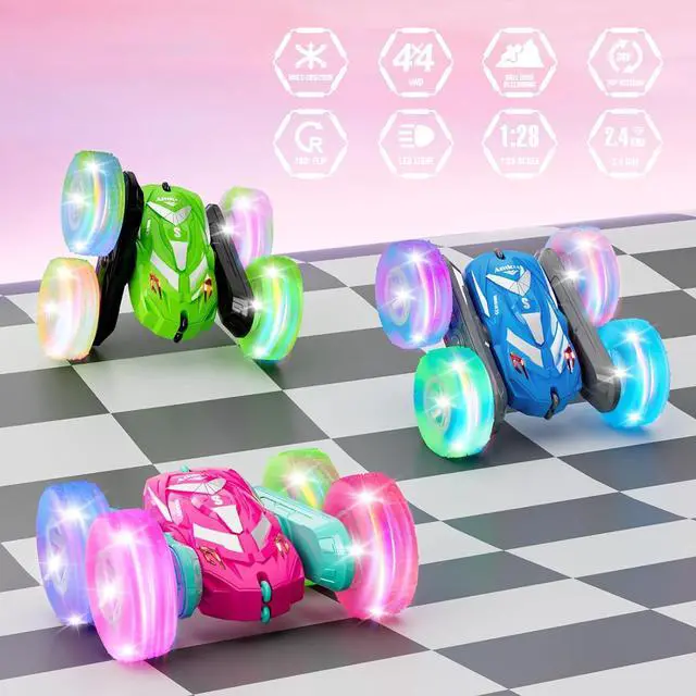 Alt view image 2 of 7 - Remote Control Car for Girls 3-12 with Flashing Light, Toys 4 5 6 7 8 9 Years Old Girl Birthday Gifts Idea, RC Cars Stunt 4WD 2.4Ghz Double Sided 360° Flip, Present for Kids, Christmas, Pink