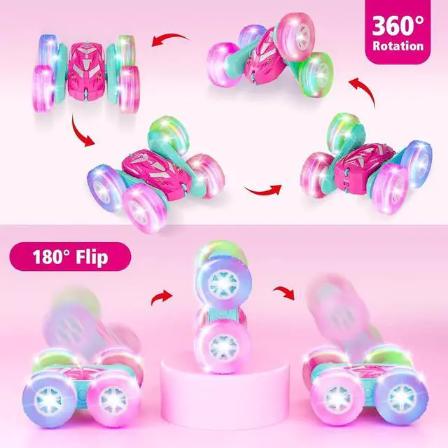 Alt view image 3 of 7 - Remote Control Car for Girls 3-12 with Flashing Light, Toys 4 5 6 7 8 9 Years Old Girl Birthday Gifts Idea, RC Cars Stunt 4WD 2.4Ghz Double Sided 360° Flip, Present for Kids, Christmas, Pink