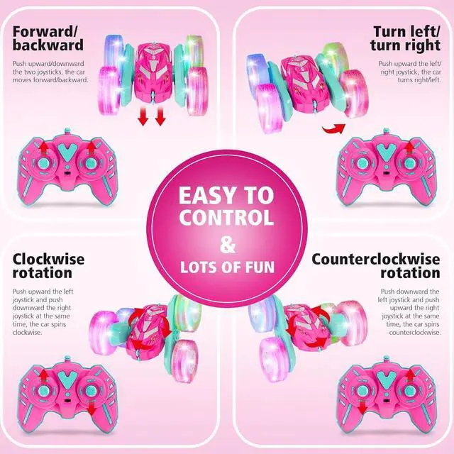 Alt view image 7 of 7 - Remote Control Car for Girls 3-12 with Flashing Light, Toys 4 5 6 7 8 9 Years Old Girl Birthday Gifts Idea, RC Cars Stunt 4WD 2.4Ghz Double Sided 360° Flip, Present for Kids, Christmas, Pink