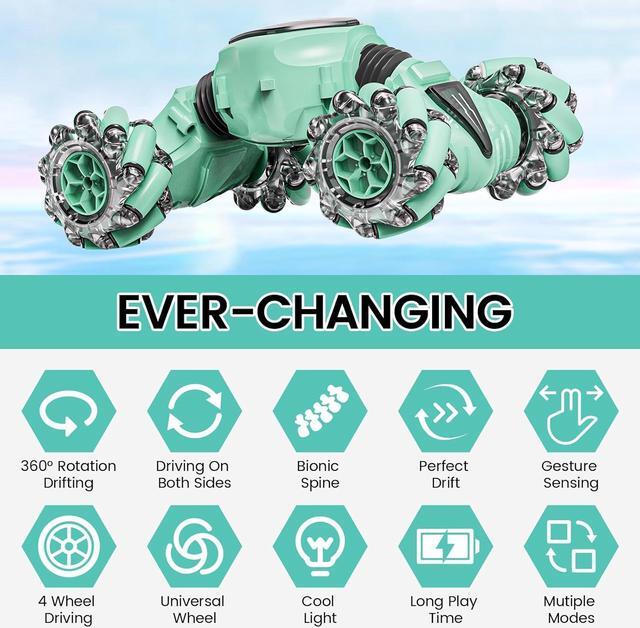 Alt view image 2 of 7 - Tecnock Remote Control Car RC Cars for Boys Girls, 2.4GHz 4WD Gesture Sensing RC Stunt Car Toys - 360° Rotating Double Sided Hand Controlled RC Car with Lights, Gifts for Kids, Green