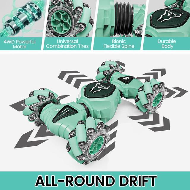 Alt view image 5 of 7 - Tecnock Remote Control Car RC Cars for Boys Girls, 2.4GHz 4WD Gesture Sensing RC Stunt Car Toys - 360° Rotating Double Sided Hand Controlled RC Car with Lights, Gifts for Kids, Green