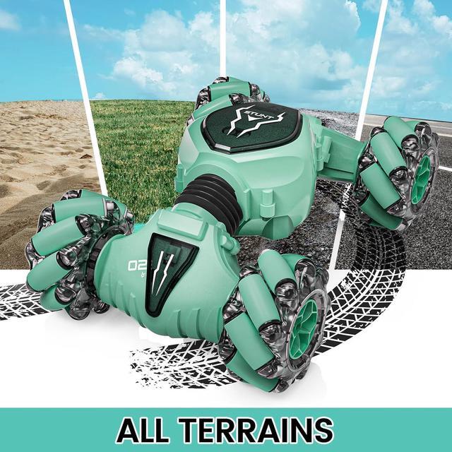 Alt view image 6 of 7 - Tecnock Remote Control Car RC Cars for Boys Girls, 2.4GHz 4WD Gesture Sensing RC Stunt Car Toys - 360° Rotating Double Sided Hand Controlled RC Car with Lights, Gifts for Kids, Green