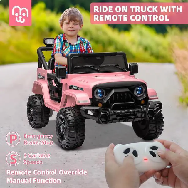 Alt view image 2 of 7 - 12V Kids Electric Ride on Truck Car Remote Control, Twin 35W Motors 3.5MPH Max Speed, Bluetooth USB Music Player, 4 Wheels Suspension LED Lights Safety Belt, Gift for Boy & Girl-Pink