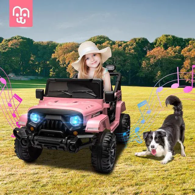 Alt view image 6 of 7 - 12V Kids Electric Ride on Truck Car Remote Control, Twin 35W Motors 3.5MPH Max Speed, Bluetooth USB Music Player, 4 Wheels Suspension LED Lights Safety Belt, Gift for Boy & Girl-Pink