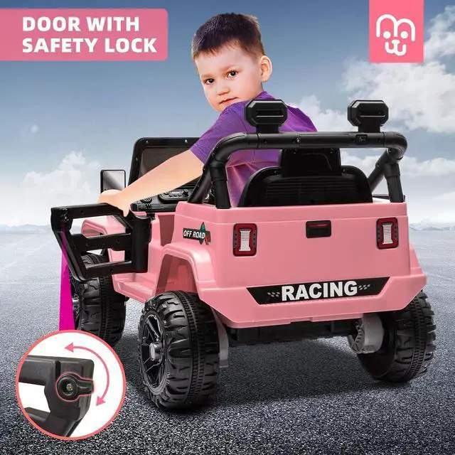 Alt view image 5 of 7 - 12V Kids Electric Ride on Truck Car Remote Control, Twin 35W Motors 3.5MPH Max Speed, Bluetooth USB Music Player, 4 Wheels Suspension LED Lights Safety Belt, Gift for Boy & Girl-Pink
