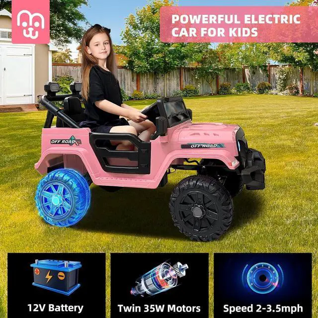 Alt view image 3 of 7 - 12V Kids Electric Ride on Truck Car Remote Control, Twin 35W Motors 3.5MPH Max Speed, Bluetooth USB Music Player, 4 Wheels Suspension LED Lights Safety Belt, Gift for Boy & Girl-Pink