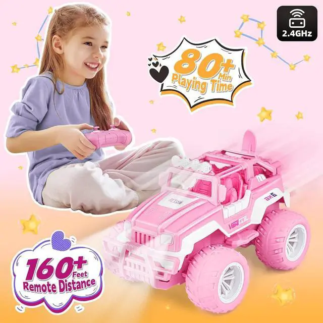Alt view image 2 of 7 - Pink Remote Control Car for Girls, 1:16 Scale RC Jeep with LED Light & Rechargeable Batteries, 80 Min Playtime 2.4 GHZ Pink Truck Toy, Car Toys Gifts for Girls