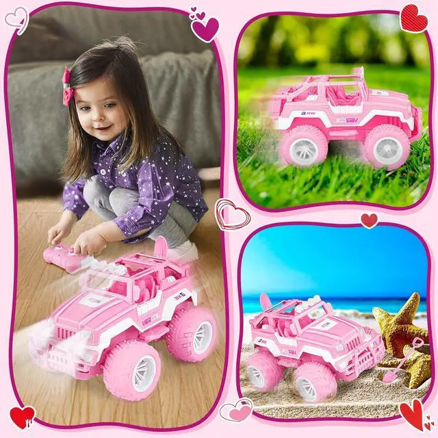 Alt view image 5 of 7 - Pink Remote Control Car for Girls, 1:16 Scale RC Jeep with LED Light & Rechargeable Batteries, 80 Min Playtime 2.4 GHZ Pink Truck Toy, Car Toys Gifts for Girls