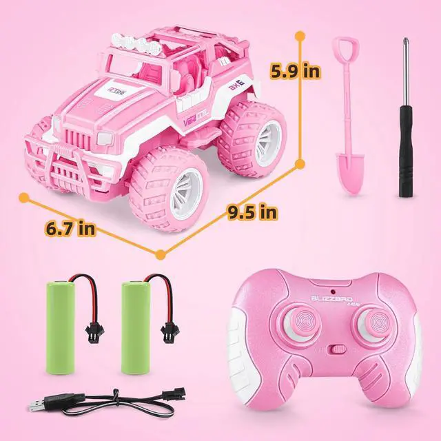 Alt view image 6 of 7 - Pink Remote Control Car for Girls, 1:16 Scale RC Jeep with LED Light & Rechargeable Batteries, 80 Min Playtime 2.4 GHZ Pink Truck Toy, Car Toys Gifts for Girls
