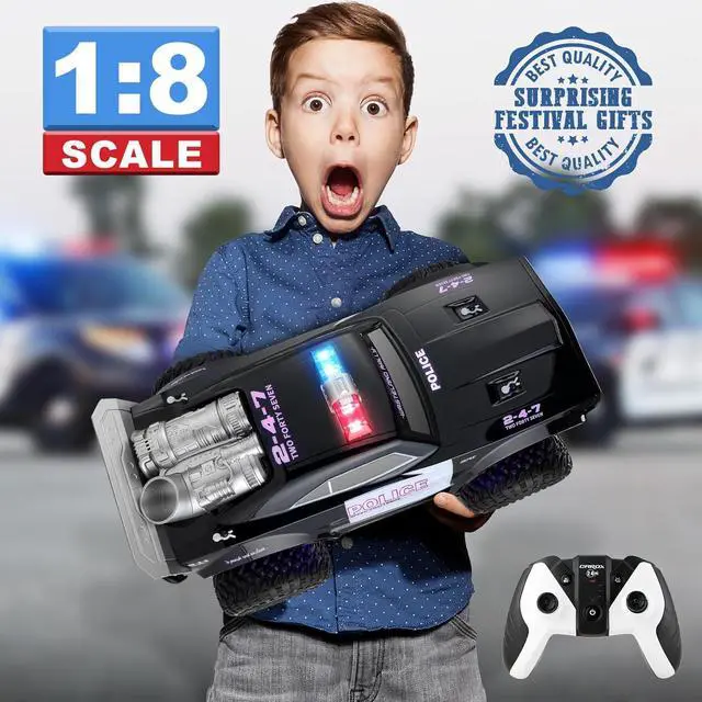 Alt view image 7 of 7 - Carox Large Remote Control Police Car Toy with Lights and Sirens for Boys - 1:8 Cop Car with Three Rechargeable Battery - Durable RC Police Truck for Kids 4 Years and Up - A Surprising