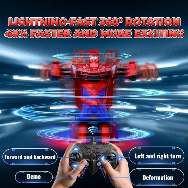 Alt view image 4 of 7 - Spider Transform RC Cars Toys with Eye & Underbody Lights, 2.4GHz Remote Control Car One-Button Deformation, Fast 360°Rotation Robot Toys Birthday Gifts for 3 4 5 6 7 8 9 10 Year Old Boys Age 4-7 8-12