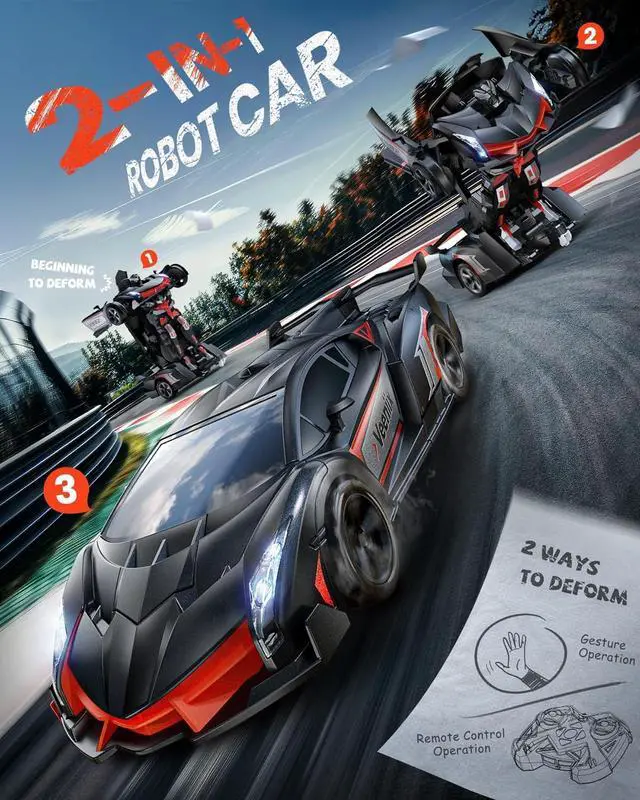 Alt view image 4 of 7 - V992 Transform Remote Control Car,Transform Robot RC Cars,1:14 Scale,2-in-1 Robot Toy Car with Sound & Light Effects,Gesture Sensing,Automatic Deformation,Birthday Gift Toys for Boys and Girls