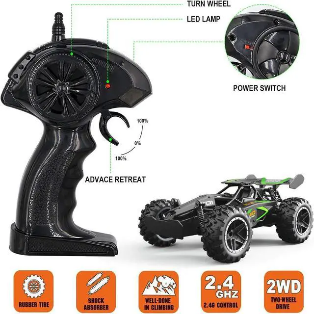 Alt view image 3 of 6 - DoDoMagxanadu Remote Control RC Cars, 1:18 2WD Monster RC Truck High Speed Racing Car, Easter Basket Stuffers Toy Cars for Boys and Girls Gifts for Kids(Black Green)