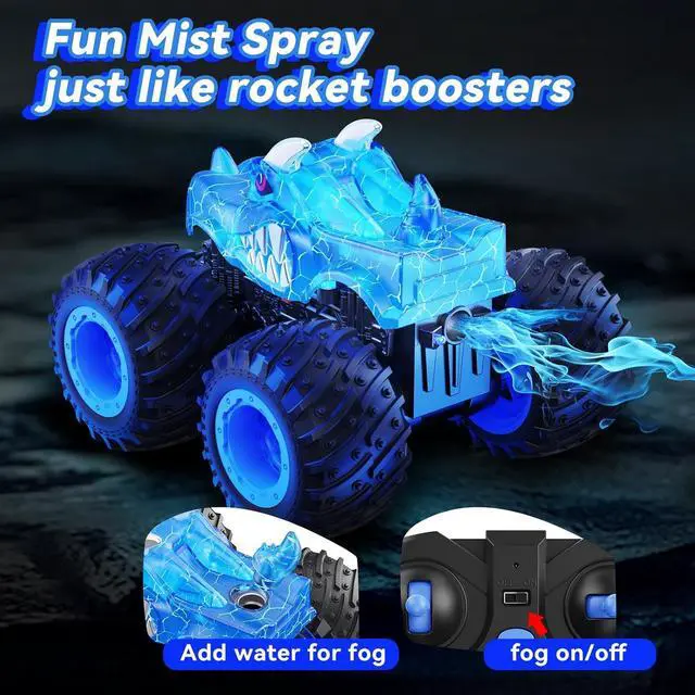 Alt view image 3 of 6 - Remote Control Car, 2.4GHz Monster Trucks Toys with Light Spray, Brithday Gift for Kids 3 4 5 6 7 8, All Terrain RC Cars, Toddler Toys for Boys Girls 3+ Year Old