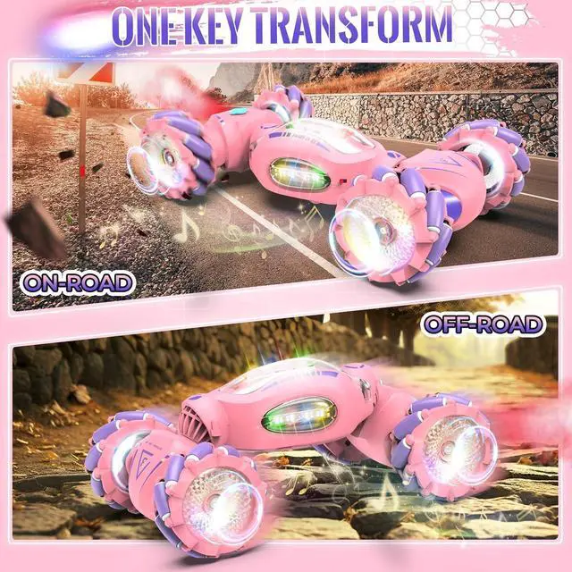 Alt view image 2 of 7 - Pink Remote Control Car for Girls 6-12, 2.4Ghz 4WD Hand Controlled RC Car with Light & Music & Spray, Double-Sided 360° Rotating Gesture Sensing RC Stunt Car Birthday Gifts for Girls