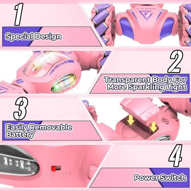 Alt view image 5 of 7 - Pink Remote Control Car for Girls 6-12, 2.4Ghz 4WD Hand Controlled RC Car with Light & Music & Spray, Double-Sided 360° Rotating Gesture Sensing RC Stunt Car Birthday Gifts for Girls