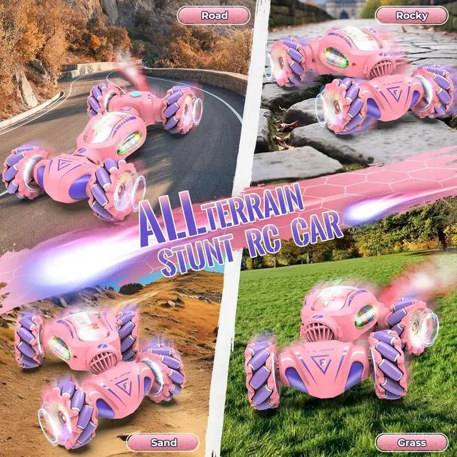 Alt view image 6 of 7 - Pink Remote Control Car for Girls 6-12, 2.4Ghz 4WD Hand Controlled RC Car with Light & Music & Spray, Double-Sided 360° Rotating Gesture Sensing RC Stunt Car Birthday Gifts for Girls