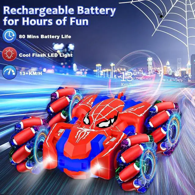 Alt view image 2 of 7 - Spider Remote Control Car, USB Direct Charging RC Cars with Cool Lights, 2.4Ghz Double Sided Drift RC Stunt Car, 360°Rotating 4WD Off-Road Race Car Toys for 4-6 6-12 Boy Girl Kids Gifts