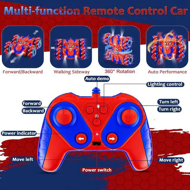 Alt view image 4 of 7 - Spider Remote Control Car, USB Direct Charging RC Cars with Cool Lights, 2.4Ghz Double Sided Drift RC Stunt Car, 360°Rotating 4WD Off-Road Race Car Toys for 4-6 6-12 Boy Girl Kids Gifts