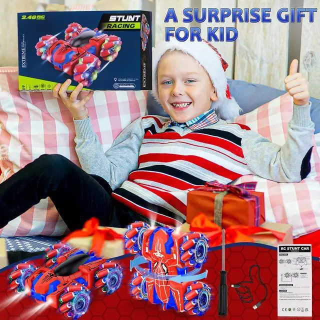 Alt view image 6 of 7 - Spider Remote Control Car, USB Direct Charging RC Cars with Cool Lights, 2.4Ghz Double Sided Drift RC Stunt Car, 360°Rotating 4WD Off-Road Race Car Toys for 4-6 6-12 Boy Girl Kids Gifts