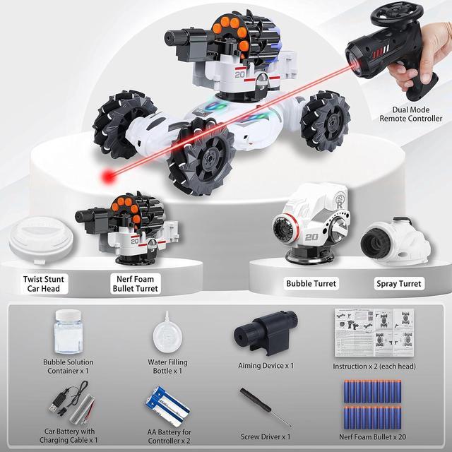 Alt view image 7 of 7 - 4 Head RC Tank Cars That Shoots Nerf Bullets, Bubble, Spray, Nerf Tank Remote Control Car for Boys 6 7 8 9 10 11 12 Year Old, RC Stunt Car Chase Light Control, LED Light, Music, Kids Toy Gift