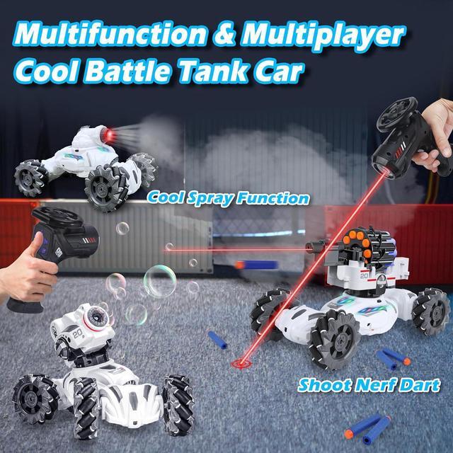 Alt view image 5 of 7 - 4 Head RC Tank Cars That Shoots Nerf Bullets, Bubble, Spray, Nerf Tank Remote Control Car for Boys 6 7 8 9 10 11 12 Year Old, RC Stunt Car Chase Light Control, LED Light, Music, Kids Toy Gift