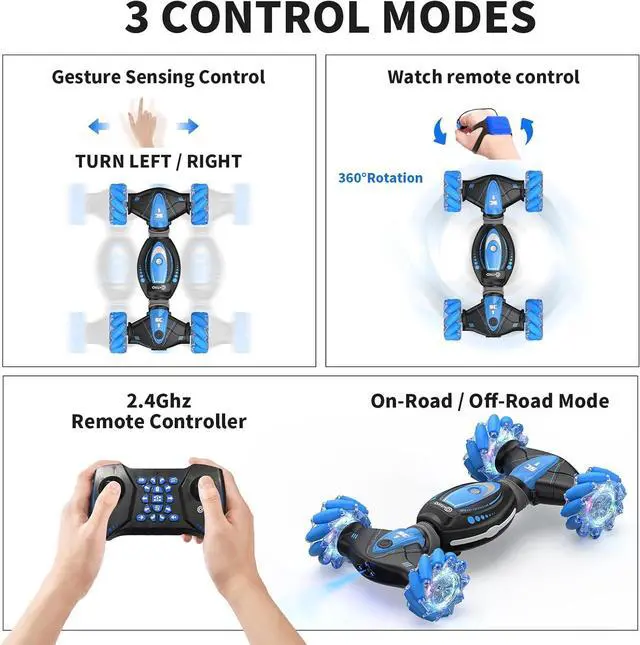 Alt view image 4 of 5 - Contixo SC1 All Terrain Speed Crawler RC Stunt Car, 4WD 2.4GHz Remote Control Car Gesture Sensor Toy Cars, Double Sided Rotating Offroad Vehicle 360° Flip with Lights Music, Kids Toy Cars Blue