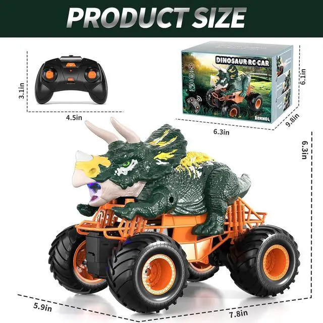 Alt view image 6 of 6 - Bennol Remote Control Dinosaur Car for Boys Kids, 2.4Ghz RC Dinosaur Truck Toys for Toddlers, Electric Hobby RC Car Toys with Light & Sound Spray for 3 4 5 6 7 8 Year olds Kids Boys Girls