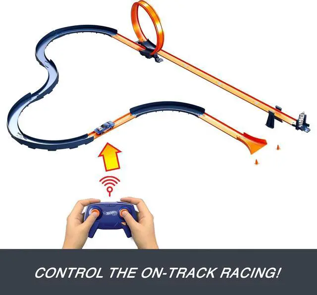 Alt view image 3 of 6 - Hot Wheels Toy Car RC Track Set with 1:64 Scale Remote-Control Vehicle & 30+ Pieces of Race Track to Create Multiple Configurations