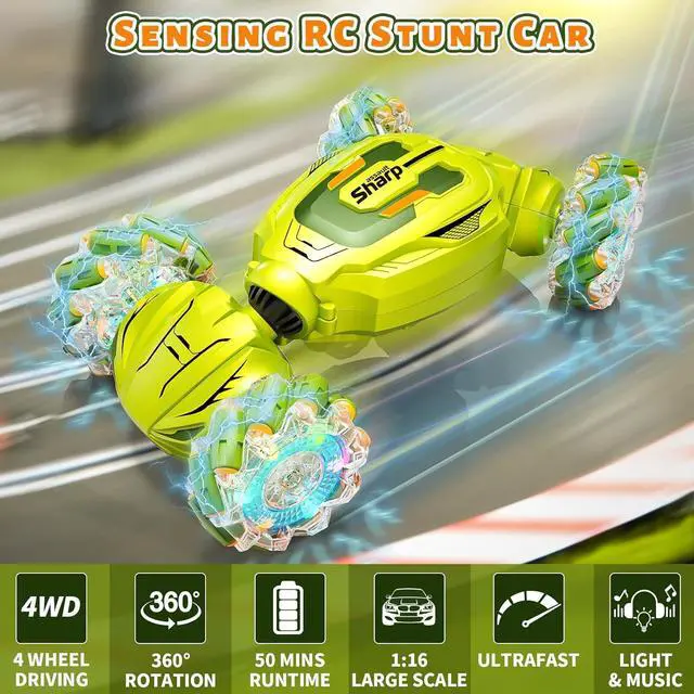 Alt view image 6 of 7 - Gesture Sensing RC Stunt Car, Remote Control Car Christmas Birthday Gifts for Kids Age 6-12, 2.4Ghz Hand Controlled Twist Cars, 360° Rotating Off Road Car Toy for Boys Girls Age 6 7 8 9 10 11+ (Green)