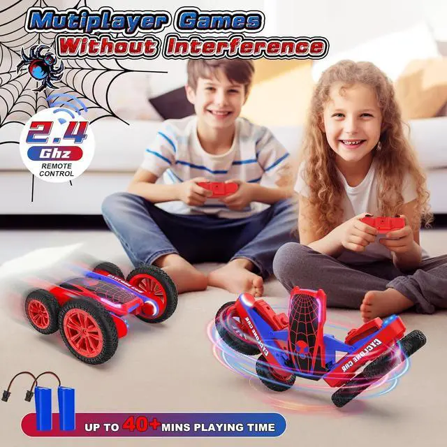Alt view image 3 of 7 - Spider Remote Control Car for Kids - 2.4Ghz Fast RC Stunt Cars, 360° Rotating 4WD RC Crawler with Lights, Rechargeable Car Toy for Boys Ages 6 7 8 9 10 Birthday Black&Red