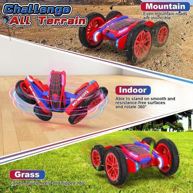 Alt view image 4 of 7 - Spider Remote Control Car for Kids - 2.4Ghz Fast RC Stunt Cars, 360° Rotating 4WD RC Crawler with Lights, Rechargeable Car Toy for Boys Ages 6 7 8 9 10 Birthday Black&Red