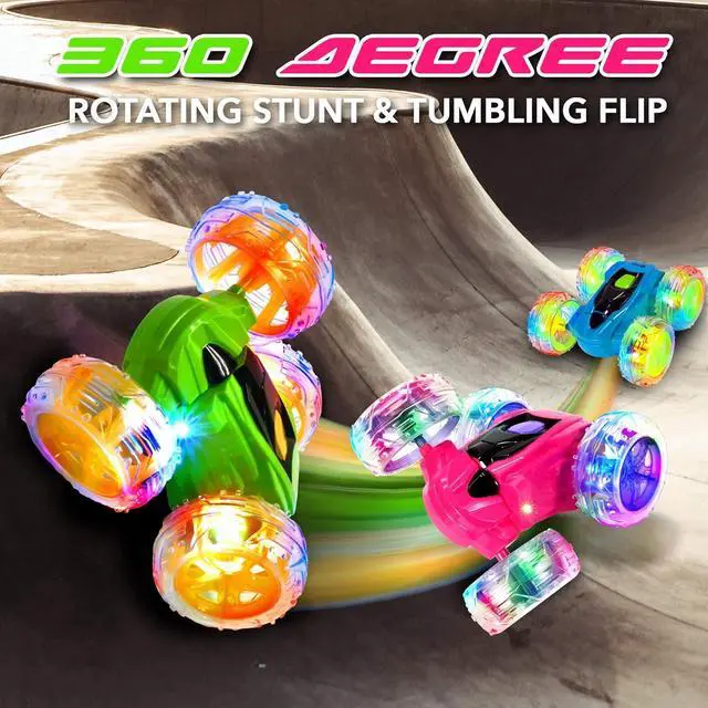 Alt view image 2 of 5 - Contixo RC Stunt Car 4WD 2.4Ghz - Double Sided 360° Rotating Remote Control Toy with Lights, for Boys & Girls Age 4-12 Green
