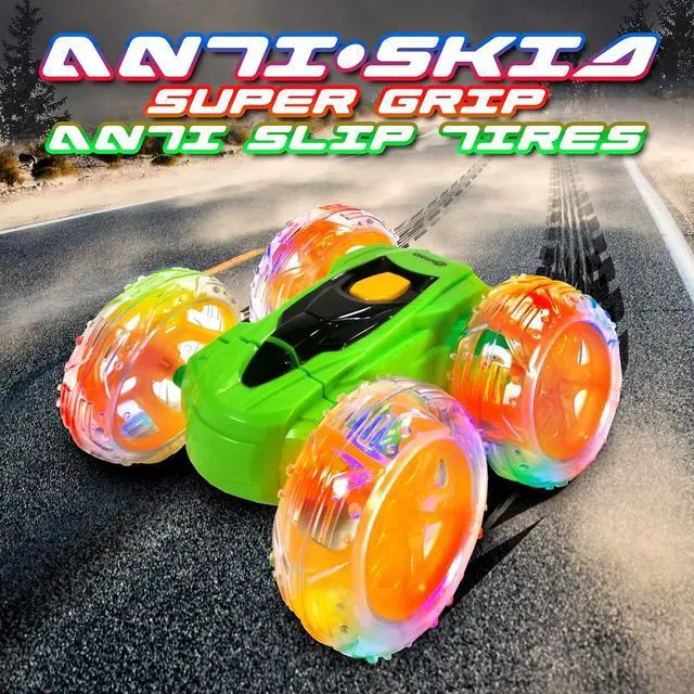 Alt view image 3 of 5 - Contixo RC Stunt Car 4WD 2.4Ghz - Double Sided 360° Rotating Remote Control Toy with Lights, for Boys & Girls Age 4-12 Green