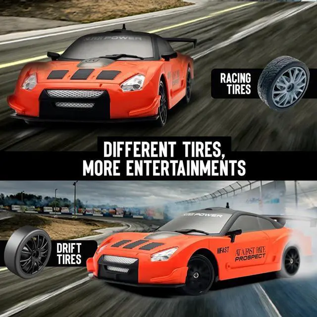 Alt view image 3 of 7 - RACENT 1:24 Scale RC Drift Car, 10MPH 4WD Remote Control Car with LED Light, Racing and Drifting Wheels, 2 Rechargeable Batteries, Perfect Toy for Boys, Girls, Kids (Orange)