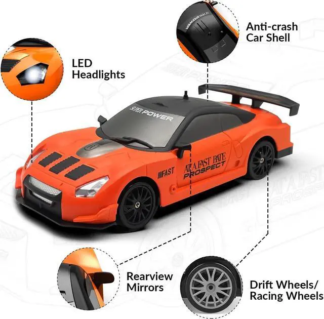 Alt view image 7 of 7 - RACENT 1:24 Scale RC Drift Car, 10MPH 4WD Remote Control Car with LED Light, Racing and Drifting Wheels, 2 Rechargeable Batteries, Perfect Toy for Boys, Girls, Kids (Orange)