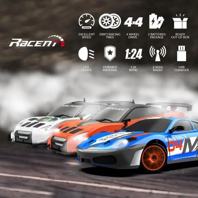Alt view image 5 of 7 - RACENT 1:24 Scale RC Drift Car, 10MPH 4WD Remote Control Car with LED Light, Racing and Drifting Wheels, 2 Rechargeable Batteries, Perfect Toy for Boys, Girls, Kids (Orange)