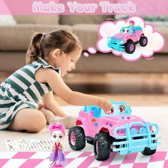 Alt view image 2 of 6 - Remote Control Car- RC Truck Car with DIY Stickers and Doll for Kids Girls Birthday, 1:20 Scale RC Truck Full Functions Creative Racing Car for Toddlers Kids Indoor Outdoor Games, Pink