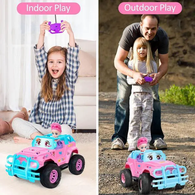 Alt view image 3 of 6 - Remote Control Car- RC Truck Car with DIY Stickers and Doll for Kids Girls Birthday, 1:20 Scale RC Truck Full Functions Creative Racing Car for Toddlers Kids Indoor Outdoor Games, Pink