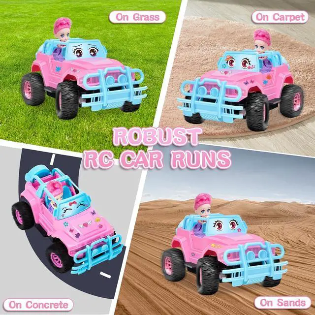 Alt view image 4 of 6 - Remote Control Car- RC Truck Car with DIY Stickers and Doll for Kids Girls Birthday, 1:20 Scale RC Truck Full Functions Creative Racing Car for Toddlers Kids Indoor Outdoor Games, Pink