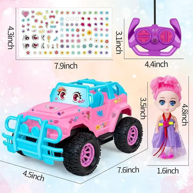 Alt view image 5 of 6 - Remote Control Car- RC Truck Car with DIY Stickers and Doll for Kids Girls Birthday, 1:20 Scale RC Truck Full Functions Creative Racing Car for Toddlers Kids Indoor Outdoor Games, Pink